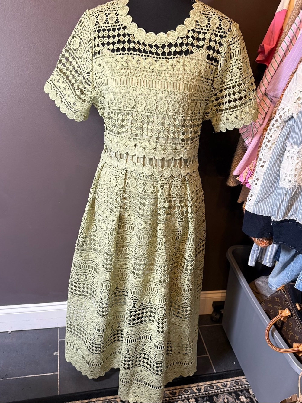 Vici Sage Green Crochet Lace Midi Dress